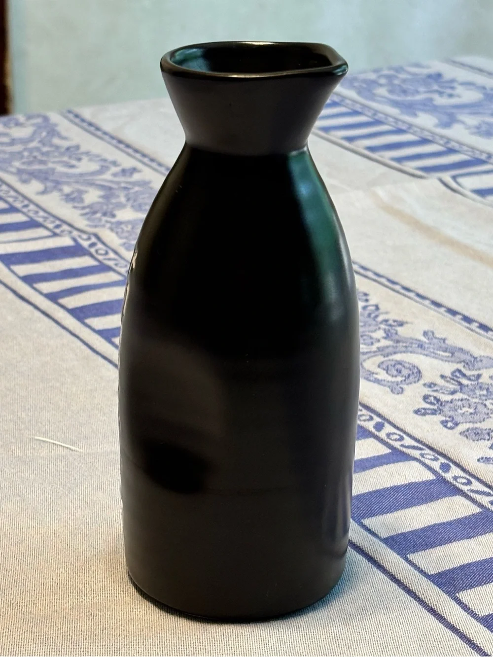 Vintage Asian Black Ceramic Calligraphy Bottle Vase Raised Script Red Seal 6.5”